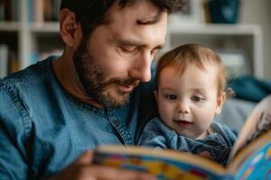 A loving father, with a light beard and dark hair, reads a colorful book to his curious toddler, creating a joyful bonding moment. photo