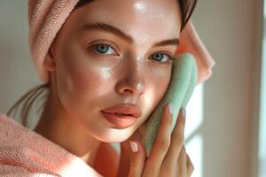 A young Caucasian woman gently cleanses her face with a soft cloth, exuding radiance after a refreshing skincare routine. photo
