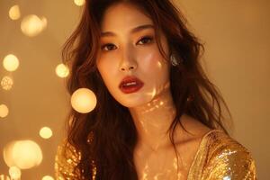 A glamorous Asian woman with long, wavy hair poses elegantly, illuminated by soft, golden bokeh lights. photo