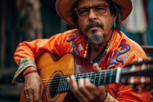 A middle-aged Hispanic man in vibrant attire passionately plays guitar, showcasing colorful details and expressive emotions. photo