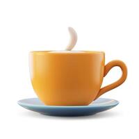 A vibrant orange coffee cup with a playful swirl of steam, resting on a soft blue saucer. photo