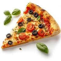 Delicious pizza slice topped with olives, tomatoes, and fresh basil leaves against a clean background. photo