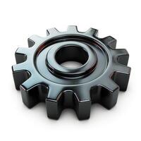 A polished black gear isolated on a white background, showcasing its intricate tooth design and smooth surface. photo