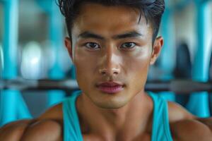 Determined young Asian man focused in a gym setting with turquoise equipment behind him. photo