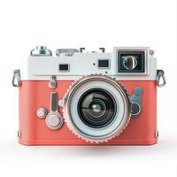 A vintage-style camera with a coral body and silver accents, showcasing a blend of modern and retro design elements. photo