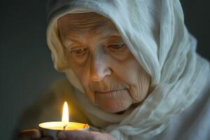 An elderly woman holding a candle, her face illuminated by its warm glow, evoking feelings of tranquility and reflection. photo