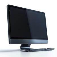 Sleek modern desktop computer setup featuring a large monitor, minimalist design, and compact keyboard and mouse. photo
