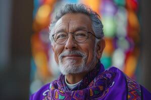 Elderly Hispanic man with glasses, smiling warmly in colorful attire against vibrant background. photo
