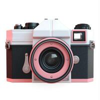 A stylish vintage camera showcasing a clean design with a pink and white color scheme, perfect for photography enthusiasts. photo