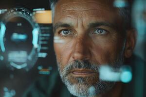 Focused middle-aged Caucasian man analyzing data on a futuristic display, showcasing determination and concentration. photo
