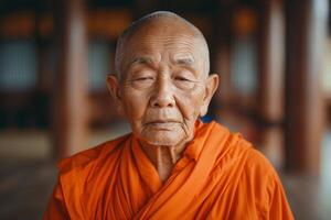 An elderly Asian male monk in an orange robe, exuding tranquility and wisdom while reflecting in a peaceful temple setting. photo
