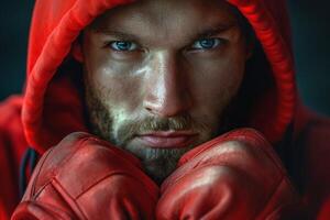Intense portrait of a young Caucasian male boxer in a red hoodie and gloves, showcasing determination and focus. photo
