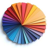A vibrant display of colorful paper swatches arranged in a circular pattern showcasing a gradient from warm to cool tones. photo