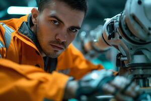 A focused Hispanic male technician in an orange jacket works on robotic machinery in a well-lit industrial setting. photo