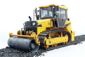 A powerful yellow road roller moving along a gravel surface, showcasing its robust build and functionality. photo