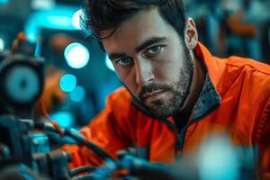 Young male technician focused on machinery, wearing an orange work jacket, with an intense expression in a modern workspace. photo