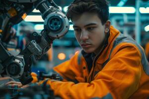 A young male engineer focusing intently on robotic machinery in a modern, industrial setting. photo