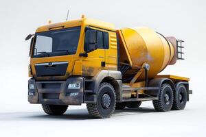 A rugged yellow concrete mixer truck stands against a plain background, showcasing its work-ready design. photo