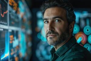 A contemplative Middle-Eastern man examines digital data on screens, showcasing a blend of technology and finance in a sleek environment. photo