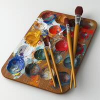 An artist's palette loaded with vibrant paint colors and brushes, capturing the essence of creativity and artistic inspiration. photo