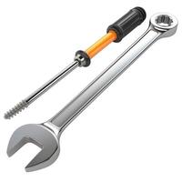 A shiny chrome wrench and a screwdriver with an orange handle, symbolizing tools for repair and maintenance. photo