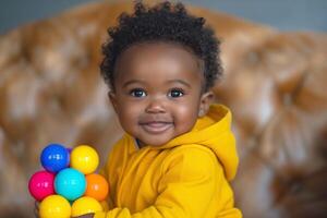 A joyful Black boy in a yellow hoodie smiles brightly while holding colorful balls. photo