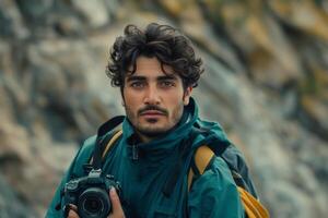 A young Middle-Eastern man holding a camera, dressed in a green jacket, gazing thoughtfully at the landscape. photo