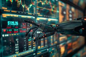 A futuristic robotic arm interacting with a digital financial trading dashboard, showcasing advanced technology and innovation. photo