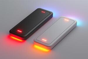 Two sleek and modern wireless chargers, one black and one white, illuminated with vibrant LED lights in red and blue. photo