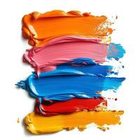 Vibrant strokes of paint in a mix of orange, pink, blue, and red create a dynamic and colorful abstract composition. photo