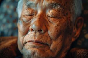 Close-up of an elderly Asian man's serene face, eyes closed, conveying peace and wisdom in soft, warm lighting. photo