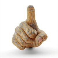 A textured, fabric-covered hand in a 'thumbs up' gesture, showcasing a blend of yellow and gray patterns. photo