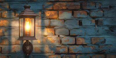 A vintage lantern illuminates a weathered blue brick wall, casting warm shadows and creating a cozy ambiance. photo