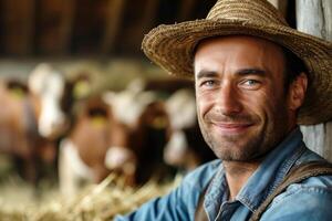 Smiling Caucasian male farmer in a straw hat, surrounded by cows in a rustic barn setting. photo