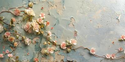 Delicate handcrafted pink flowers entwined on a textured blue wall, creating a romantic and vintage atmosphere. photo