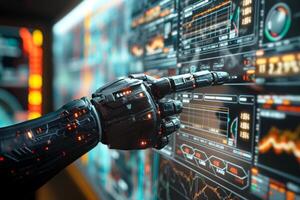 A futuristic robotic hand interacting with a digital dashboard, showcasing data and analytics in a high-tech environment. photo