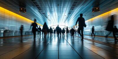 Silhouettes of diverse travelers moving through a modern airport terminal, creating a sense of bustle and anticipation. photo