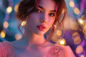 A young Caucasian woman with soft features and a dreamy expression surrounded by a colorful bokeh backdrop. photo