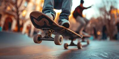 Two young male skaters practicing tricks at an urban park during sunset. photo