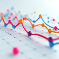Colorful data visualization with vibrant lines and spheres representing fluctuating statistics. photo