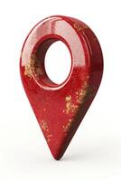 A shiny red location pin with a textured, weathered surface, symbolizing navigation and geolocation. photo