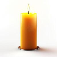 A glowing yellow candle with a bright flame on a simple holder, creating a warm and cozy atmosphere. photo