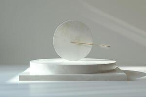 A minimalistic minimalist sculpture featuring a circular marble platform with an arrow piercing a large circle, creating a serene yet striking composition. photo