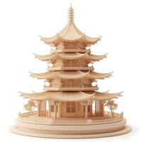 A beautifully crafted wooden pagoda model showcasing traditional architectural design. photo