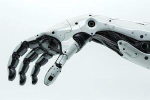 A sleek, futuristic robotic arm displaying intricate mechanics and a shiny, white exterior. photo