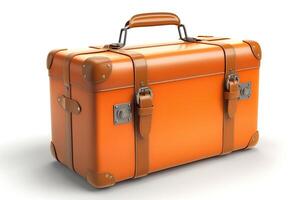 Stylish orange leather suitcase with brown accents, perfect for travel enthusiasts seeking functionality and elegance. photo