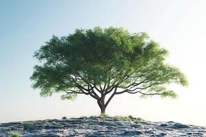 A solitary green tree stands majestically on a rocky surface under a clear blue sky. photo