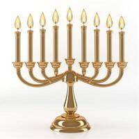 A beautiful gold menorah with nine lit candles, symbolizing hope and celebration. photo