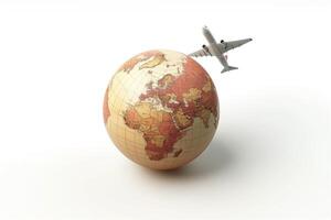 A stylized globe with a white airplane flying above, symbolizing travel and exploration. photo