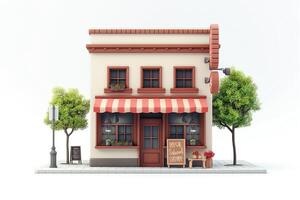 Charming small bakery shop with striped awning and decorative plants, showcasing a warm and inviting atmosphere. photo